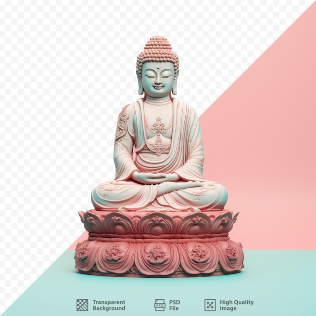 a statue of buddha sits on a table with a pink background