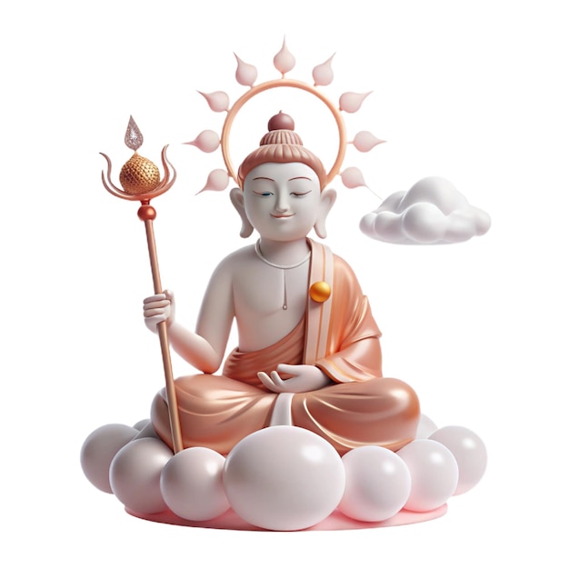 a statue of buddha sitting in a cloud with the sun shining on it