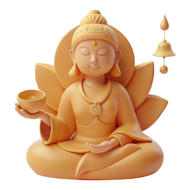 a statue of buddha with a cup of tea and a bell