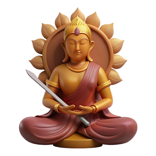 a statue of a buddha with a sword in front of it