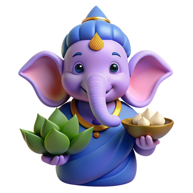 a statue of an elephant with a bowl of fruit and a bowl of coconuts