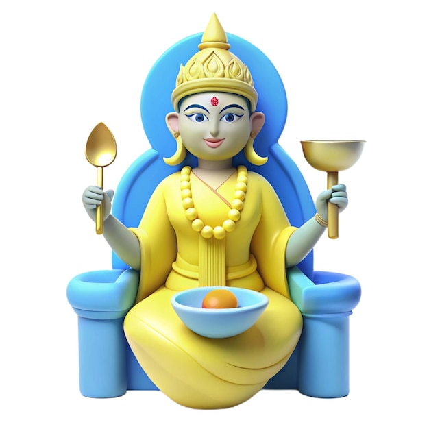 a statue of a god sitting in a blue chair with a bowl of food in front of it