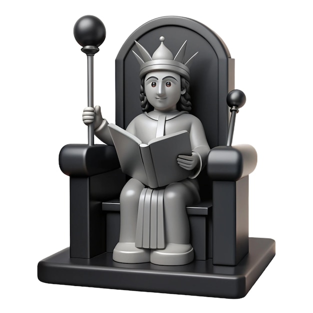 a statue of a king sits in a black and silver statue