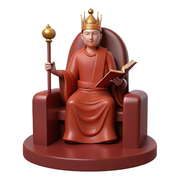 a statue of a king sits on a red throne