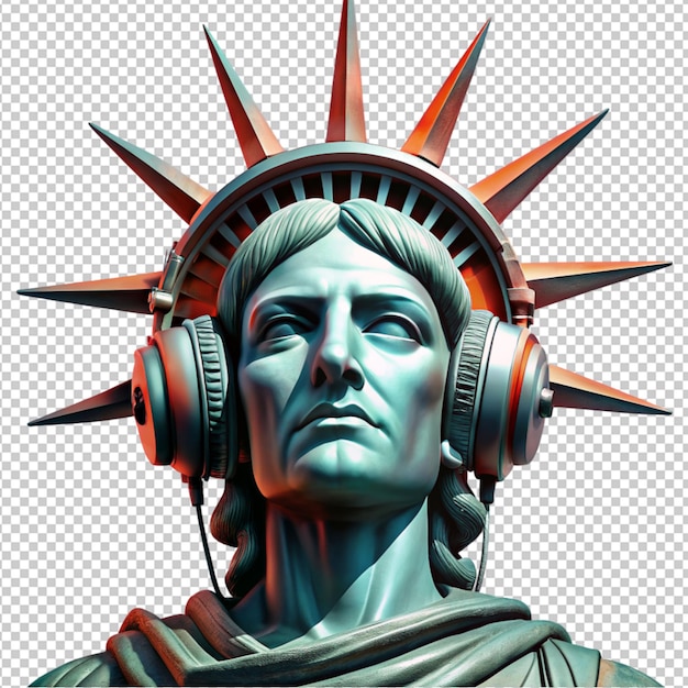 statue of liberty wearing headphones on transparent background