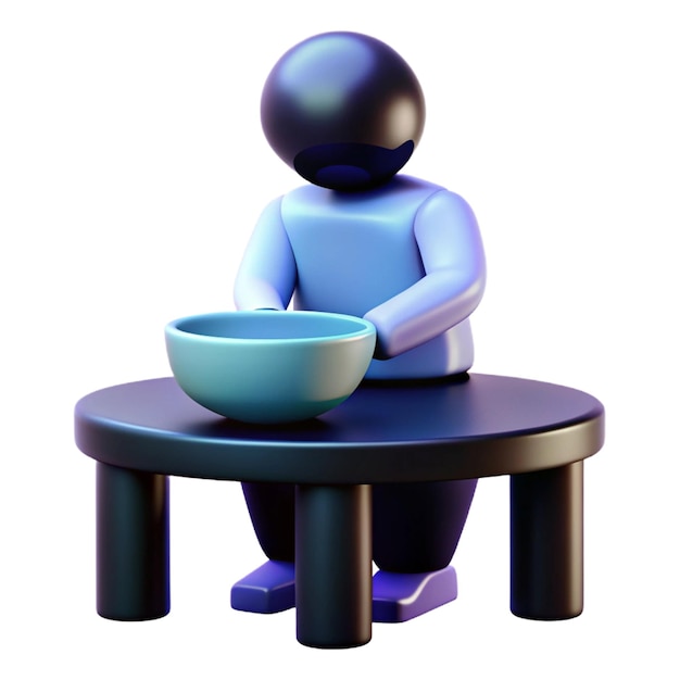 a statue of a man sitting on a table with a bowl of soup