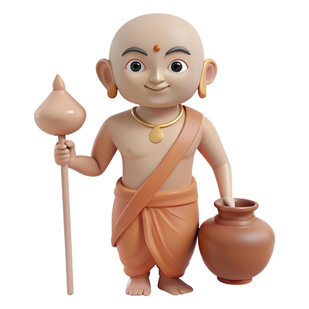 a statue of a monk holding a torch and a pot with a stick in it