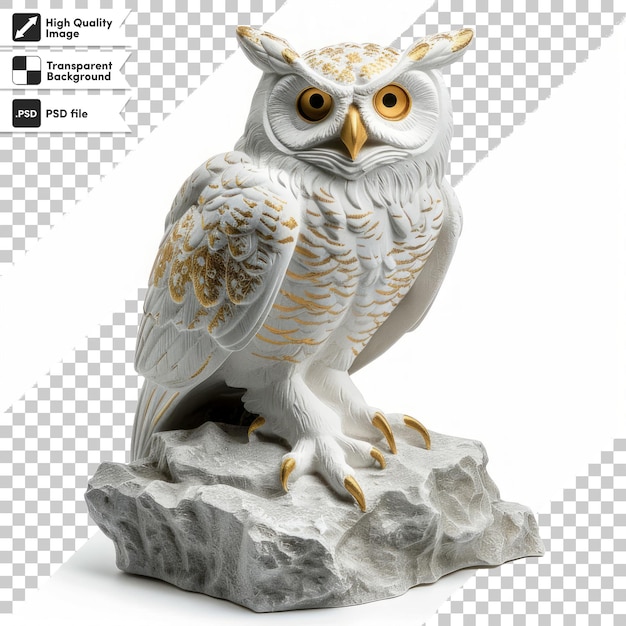 a statue of an owl with yellow eyes and a black and white background