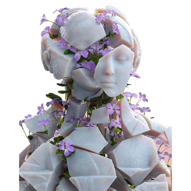 PSD a statue of a woman with flowers around her head and the face of a woman with purple flowers