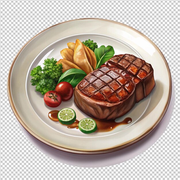 a steak dinner plate on white background