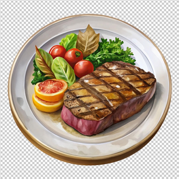 a steak dinner plate on white background