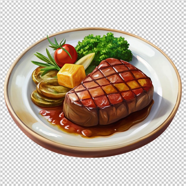 a steak dinner plate on white background