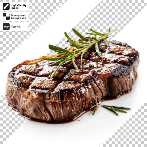 PSD a steak with a green sprig of rosemary on it