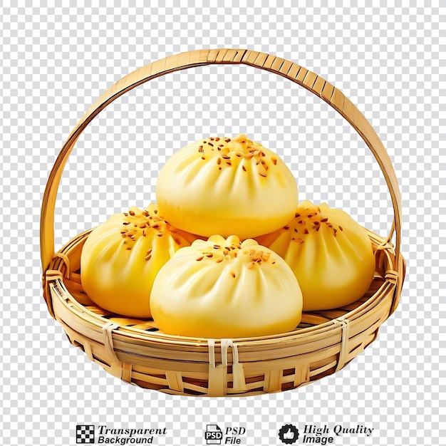 steamed stuff custard bun in bamboo basket isolated on transparent background