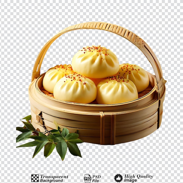 steamed stuff custard bun in bamboo basket isolated on transparent background