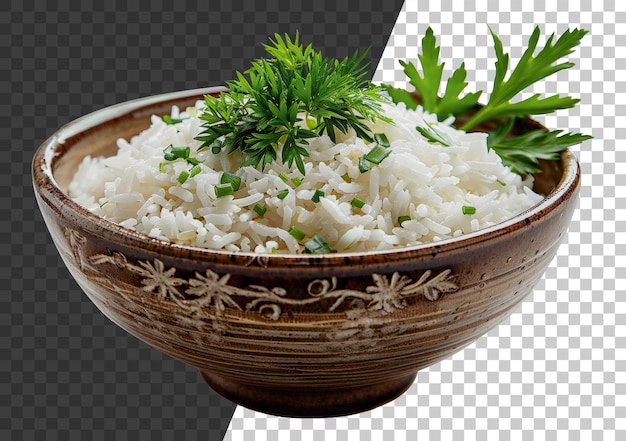 PSD steamed white rice served in a natural ceramic bowl cut out stock png