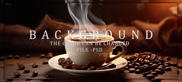 PSD a steaming cup of coffee with coffee beans on a wooden table