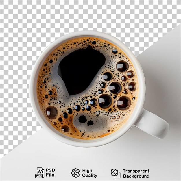 PSD steaming cup of coffee with rich black foam on top isolated on transparent