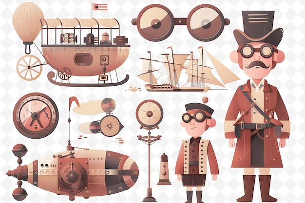 PSD steampunk characters exploring a new world design is industr flat illustration festival theme art