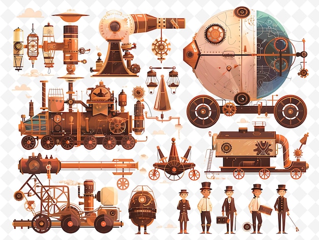 PSD steampunk characters inventing new machines design is indust flat illustration festival theme art