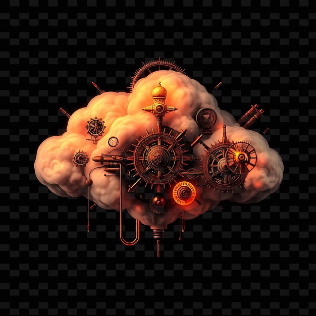 PSD steampunk cloud with victorian patterns mechanical elements and industrial _isolated_neon_objectt