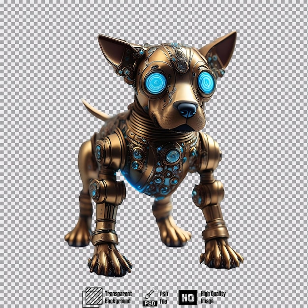 A steampunk inspired robot dog with brass joints and a glowing blue core