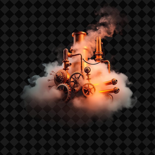 PSD steampunk smog cloud filled with grinding gears whirring cogs and glowing pipelines warm neon col