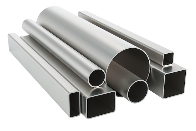 Steel round pipes and square pipes from stainless steel Cold rolled metal 3D rendering isolated on transparent background