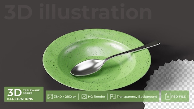 A steel spoon lies in a green ceramic dinner plate on a dark background