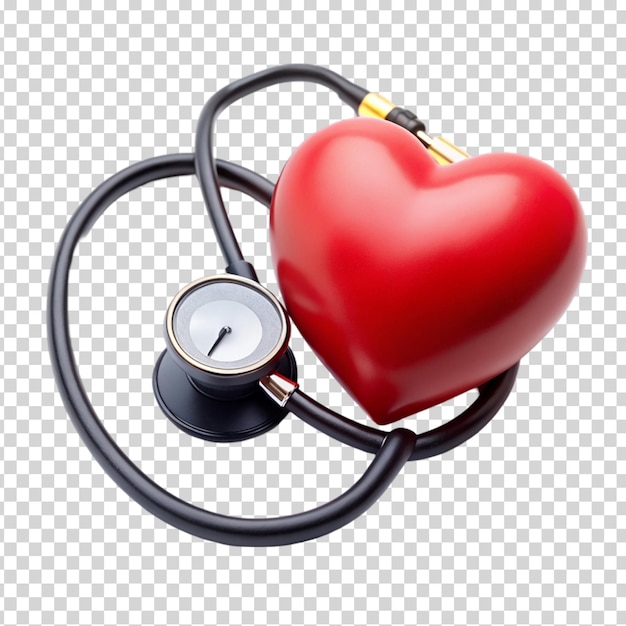 A stethoscope wrapped around a red heart on transparent background