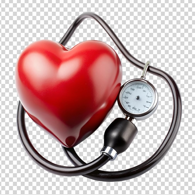 A stethoscope wrapped around a red heart on transparent background