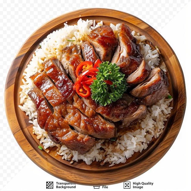 PSD stewed pork leg on rice on wood board isolated on whiteisolated background