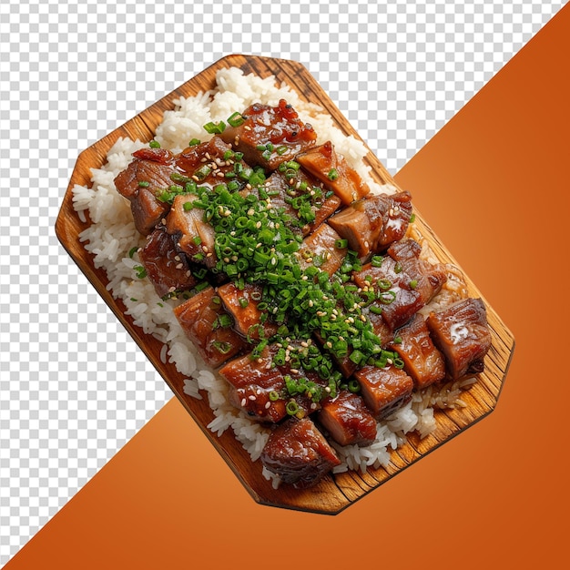 Stewed pork leg on rice on wood board top view on transparent background