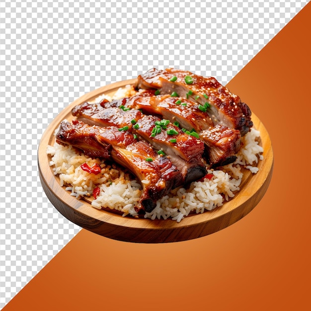 Stewed pork leg on rice on wood board top view on transparent background