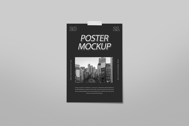 PSD sticked black poster mockup template design on plain wall