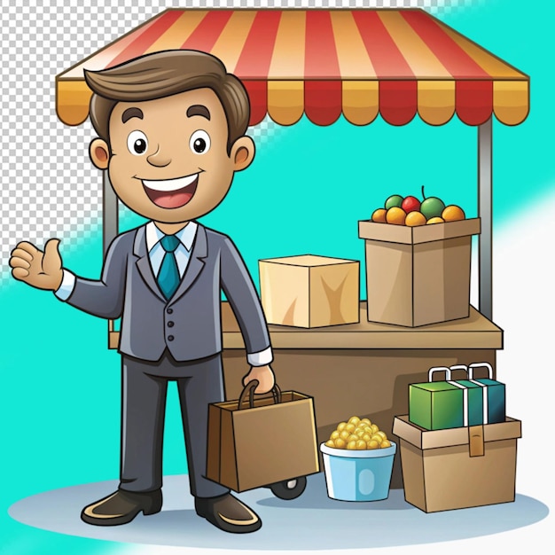 PSD sticker template with a boy holding vegetable basket cartoon character isolated