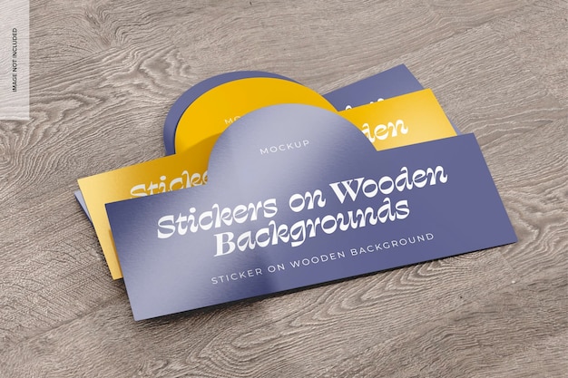 Stickers on Wooden Background Mockup, Stacked