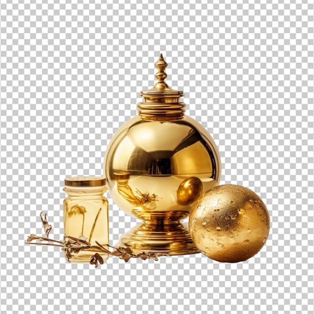 still life of golden object on white background