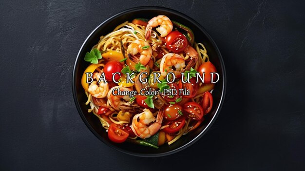 Stir fry noodles with vegetables and shrimps in black bowl AI generated image