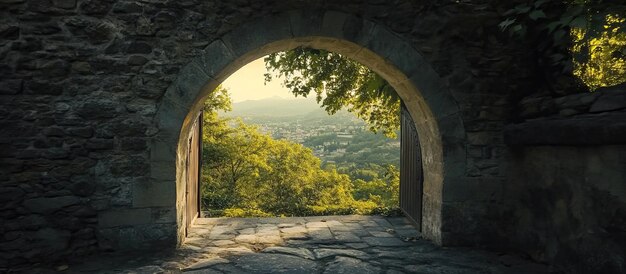 PSD stone archway with view of city and mountains