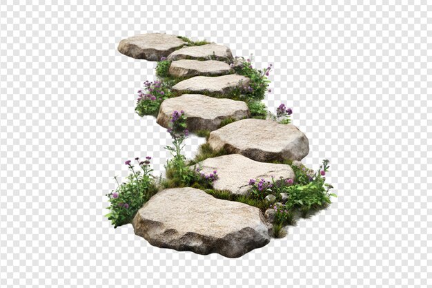 PSD stone garden pathway with flowers isolated on a transparent background