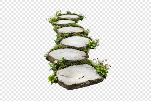 PSD stone garden pathway with flowers isolated on a transparent background