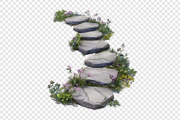 PSD stone garden pathway with flowers isolated on a transparent background