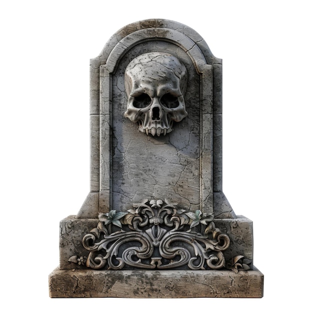 PSD stone gravestone with skull and ornate detail