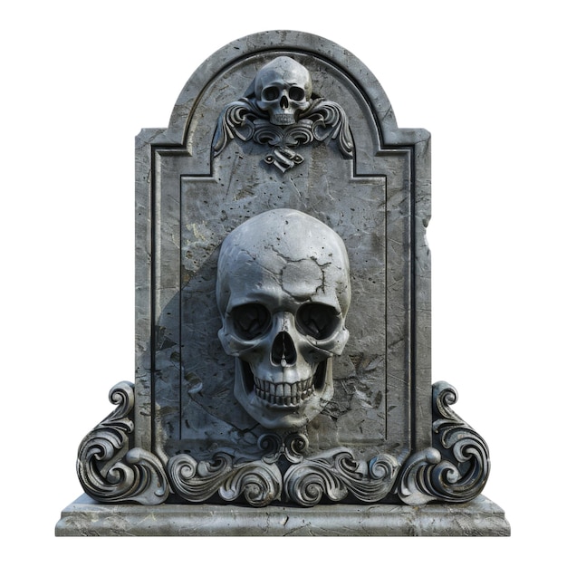 PSD stone gravestone with two skulls and ornate carvings