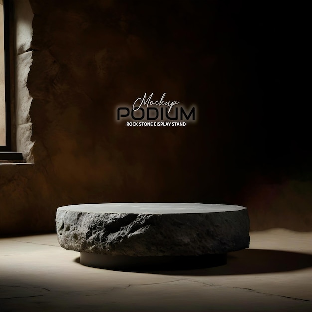 Stone pedestal round rock podium mockup in ancient kingdom dark studio background 3d realistic