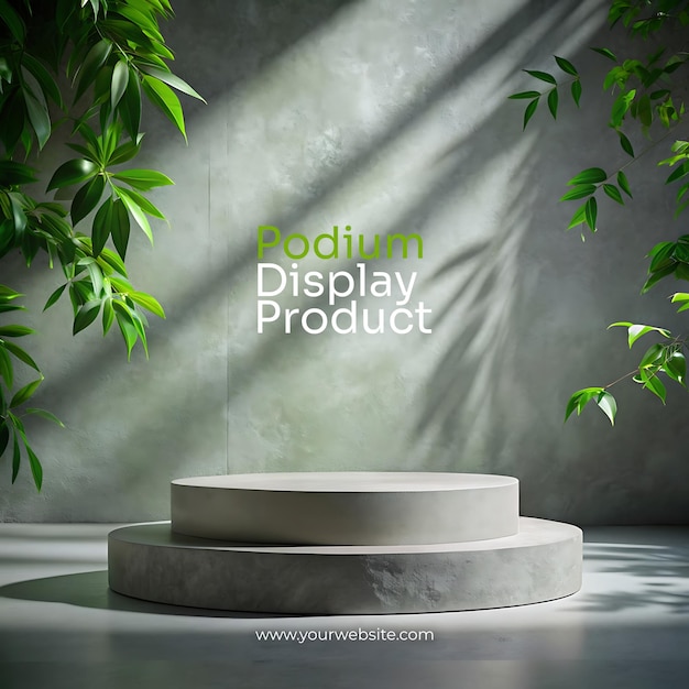 Stone Platform for Product Presentation Green Foliage and Shadows on a Gray Backdrop