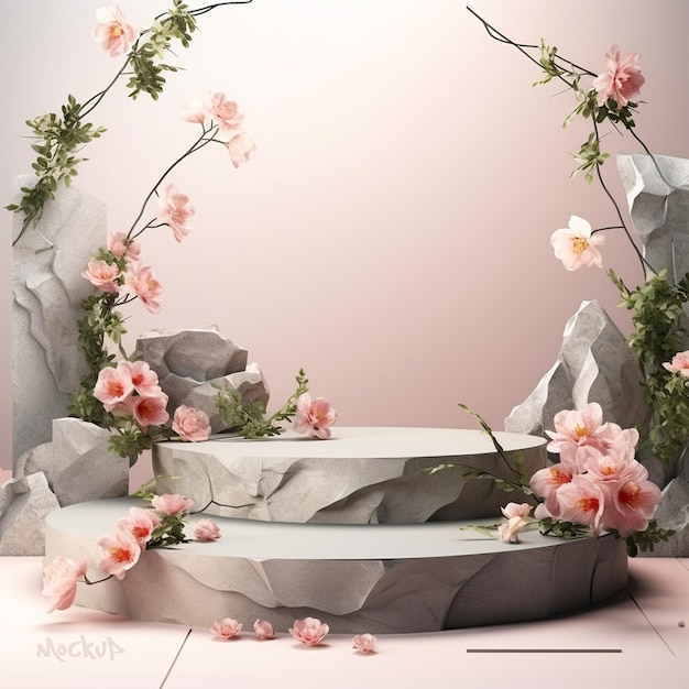 Stone podium mockup for product presentation decorated with flowers