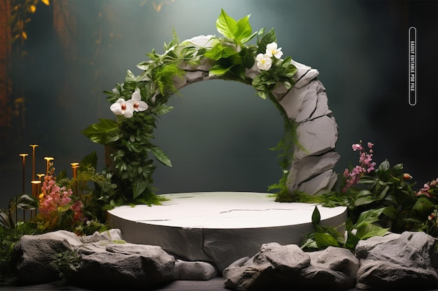 Stone podium mockup for product presentation decorated with flowers