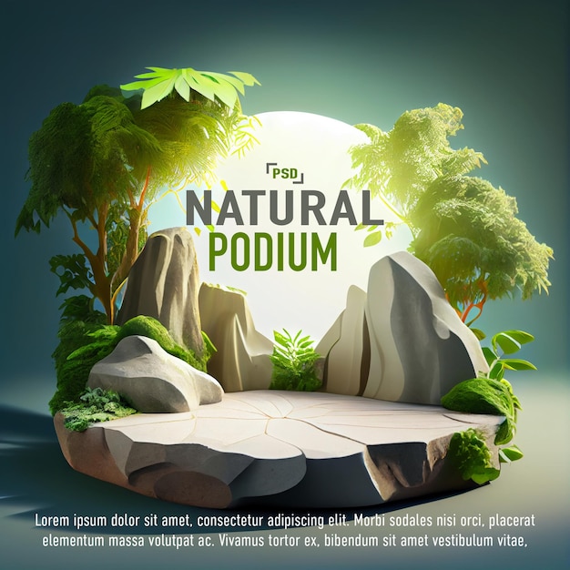 Stone podium or platform for product presentation display in the forest PSD Template